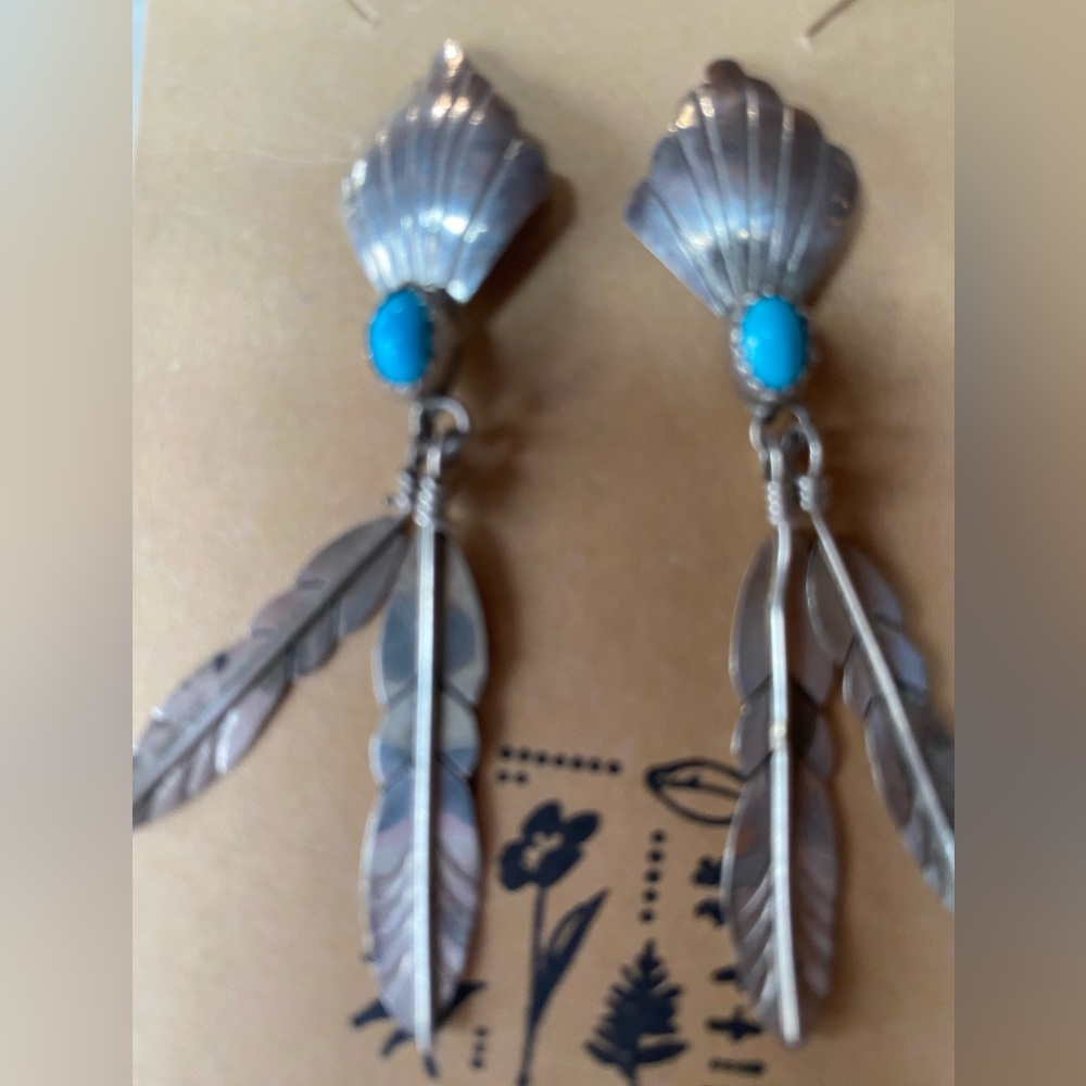 2.25” Sterling Silver Turquoise Feather Drop Earrings - Blue - Picture 3 of 5